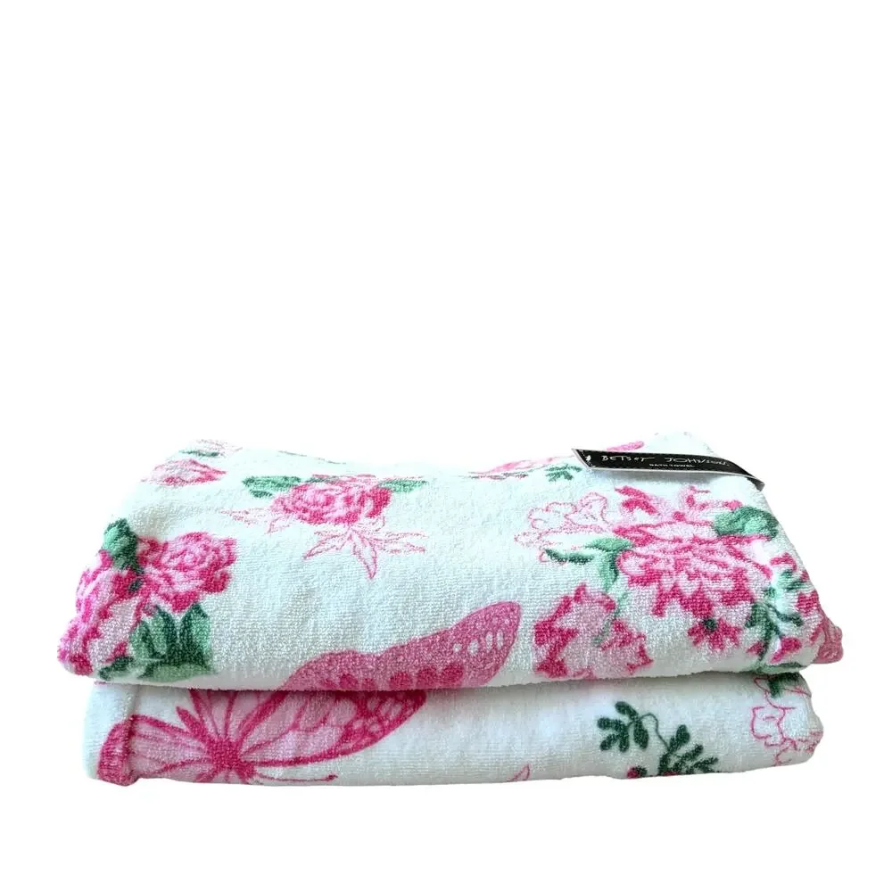 Betsey Johnson Pink Floral Butterfly Bath Towels 2pc Set 100% Cotton Plush NEW